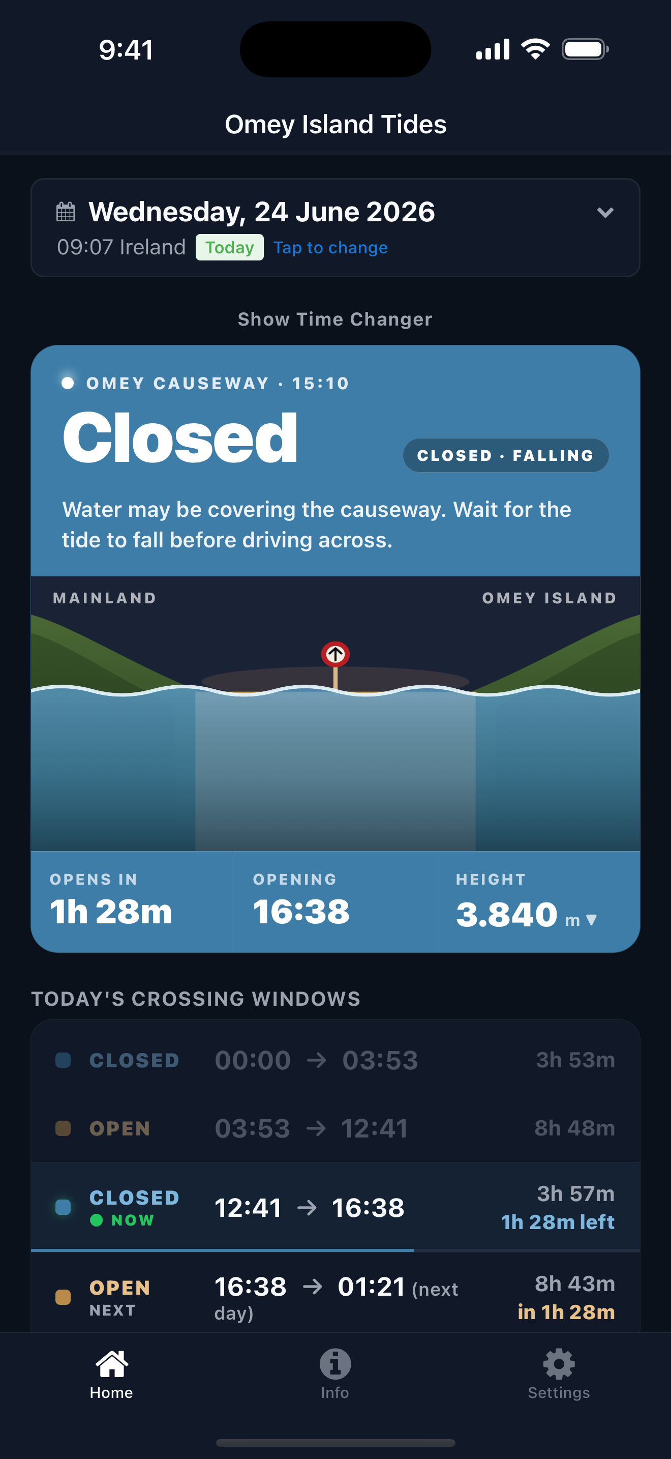 Omey Tide app showing the Omey Island causeway tide status and today's crossing windows